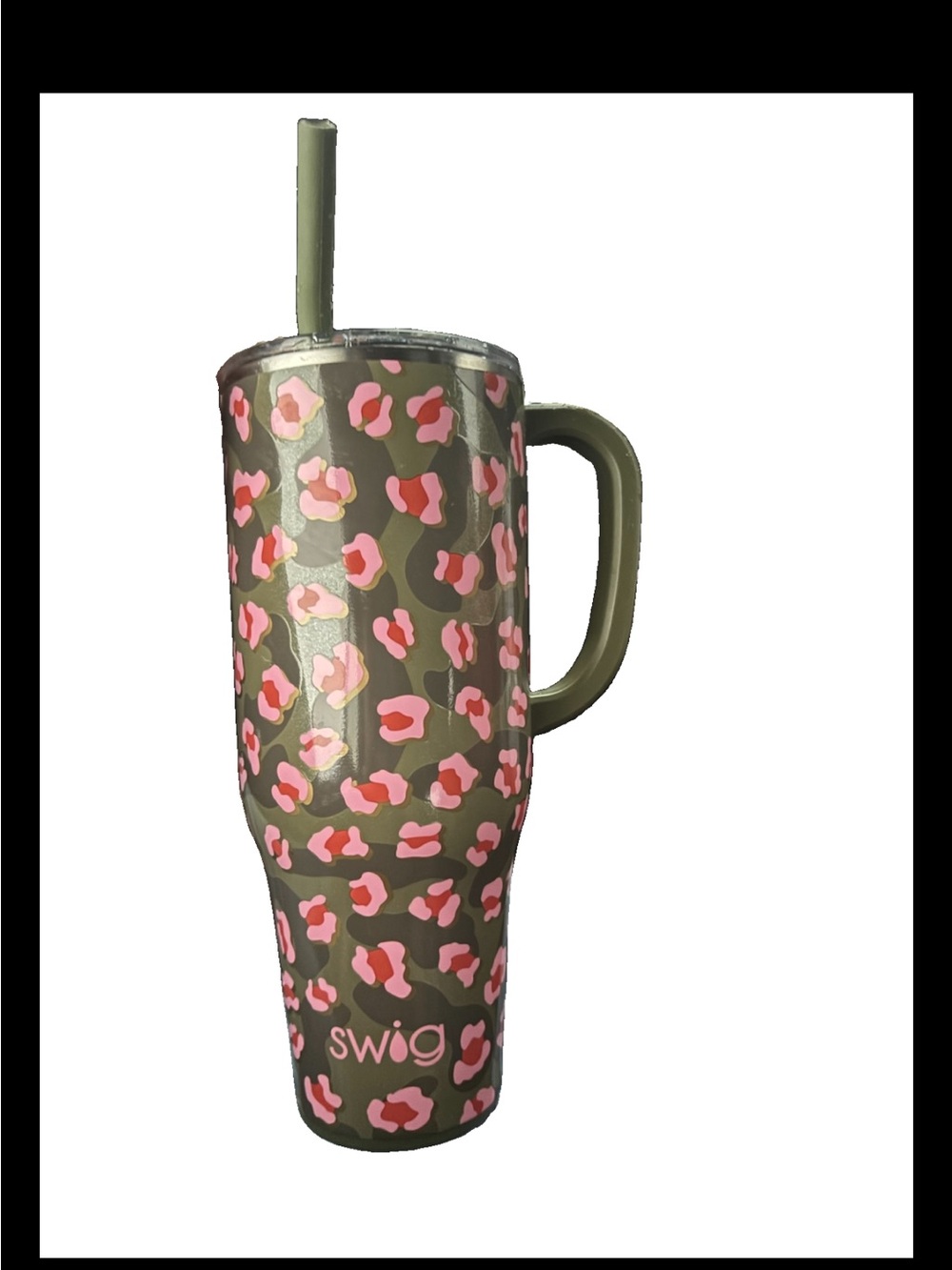 Swig Olive Travel Tumbler with Pink Leopard Print and Handle